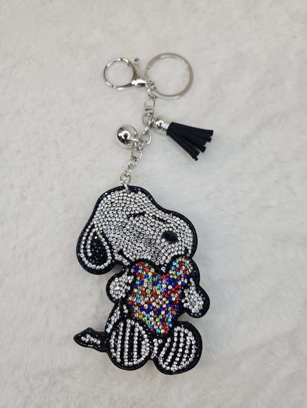 Black Rhinestone Snoopy Keychain with Multicolor Heart